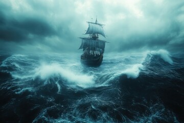 Obraz premium Vintage Pirate Ship Sailing through Stormy Seas with Copy Space for Text