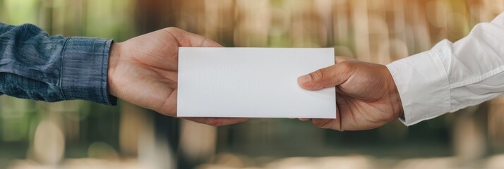 Close-up of two hands exchanging a white envelope, symbolizing communication, transaction, or agreement in an outdoor setting.