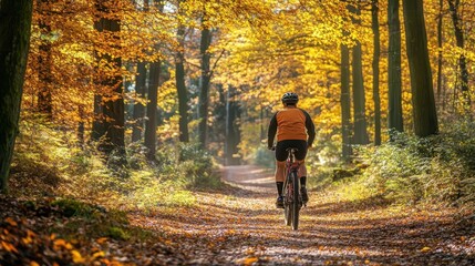 Fototapeta premium autumn cyclist exploring a forest trail surrounded by golden foliage and dappled sunlight filtering through the trees