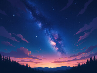 Naklejka premium Scenic starry night with hills and forest silhouette background.