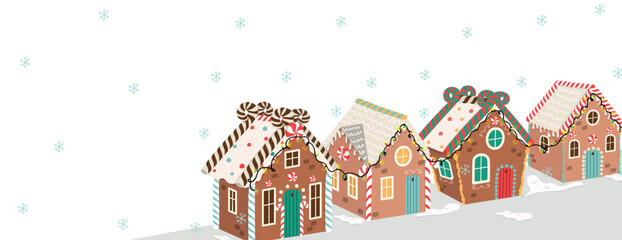 Gingerbread houses christmas scene. Horizontal vector illustration for winter holidays. Gingerbread house day, Christmas, New Year banner with empty space