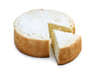 Delicious cut sponge cake with powdered sugar isolated on white