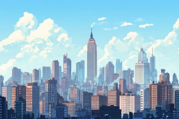 Obraz premium Retro 16-Bit Cityscape with Pixel Buildings and Open Sky for Copy Space