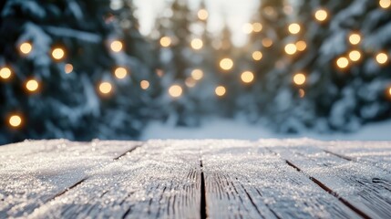 Fototapeta premium Snow-covered wooden planks with glowing bokeh lights and pine trees in the background, evoking a cozy winter atmosphere.