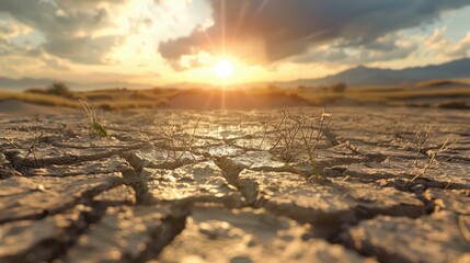 A close-up view of cracked earth under a dramatic sunset, showcasing the resilience of nature amidst dry conditions.