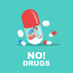 NO Drugs concept. Drug addicted girl. A big jar of prohibited substances. International day protection. World Drug Protection Day. Awareness of people. Vector illustration flat design.