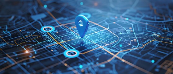 A detailed digital map displaying a blue location pin amidst vibrant city streets and network connections.