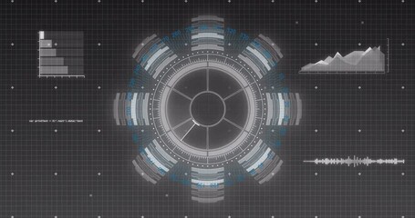 Animation of data processing and scope scanning over black background - Powered by Adobe