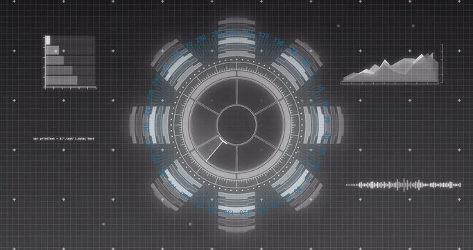 Animation of data processing and scope scanning over black background - Powered by Adobe