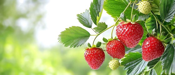 Fresh strawberries hanging on a lush green plant, showcasing vibrant red fruits and healthy leaves in a natural environment.