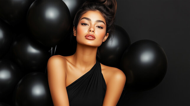 Elegant Woman Holding Black Balloons on Black Background, Black Friday Promotion Concept, Glamorous and Confident Posh Female in Studio.
