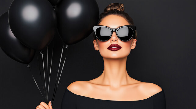Elegant Woman in Black Sunglasses Holding Black Balloons on Black Background, Black Friday, Sale, Promotion Concept, Glamorous and Confident Posh Female in Studio.