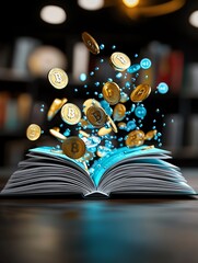 An open book emits glowing coins and blue droplets, symbolizing the fusion of knowledge and cryptocurrency in a modern setting.