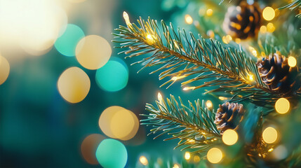 Obraz premium Golden and Green Christmas Background with Bokeh Lights and Cones on Christmas Tree, Fir Branch, Perfect for Xmas Holiday Cards and Wishes, Copy Space.