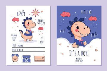 A set of birthday invitation templates for a boy with a funny dinosaur. Specify the name, date of birth, height, weight and time of birth. Vector design.