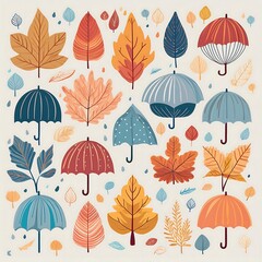 Cozy Autumn Weather Seamless Pattern - set of simple autumn weather icons such as rain umbrellas, fall leaves, trees. Graphic art illustration. Vibrant colors. Isolated on white