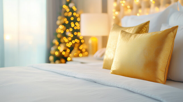 Cozy Hotel Bedroom with Comfortable Bedding and Pillows, Christmas Tree, Golden Lights and Holiday Decorations, Luxurious and Elegant Winter Holiday Interior.