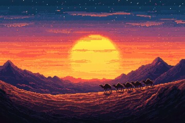 Vintage Pixelated Camels in Desert Landscape with Copy Space for Text.