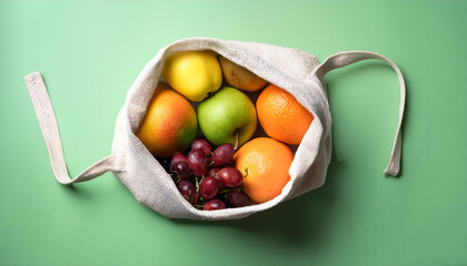 Top view of a bag filled with assorted fruits isolated on a light green background, perfect for health, diet, and wellness concepts