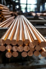 Naklejka premium Close-up of a Stack of Shiny Copper Rods in a Factory