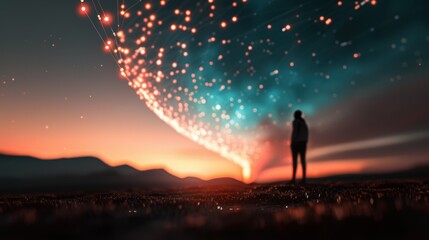 Obraz premium Transform your photography with surreal compositions of digital connections visualized as luminous, pulsating lines in the sky.