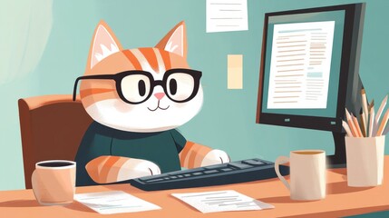 A cartoon cat wearing glasses and sitting at a computer, working at a desk with papers and coffee nearby.
