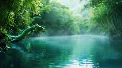 Obraz premium surreal dragon guardian bamboo forest tranquil pond misty morning spiritual journey