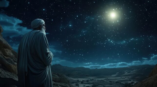 biblical scene elderly abraham gazing at starfilled sky desert landscape soft moonlight illuminating his awestruck expression