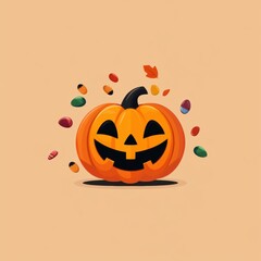 A cheerful Halloween pumpkin surrounded by colorful candies, perfect for festive celebrations and seasonal decor.