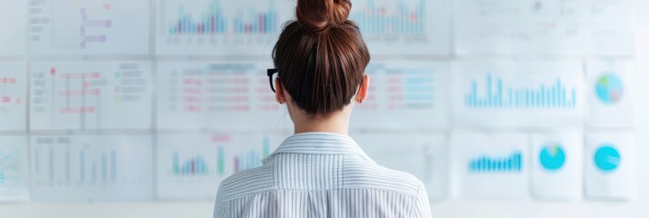Rear view of a woman analyzing various charts and graphs displayed on a wall, focusing on data analysis and research in a professional setting
