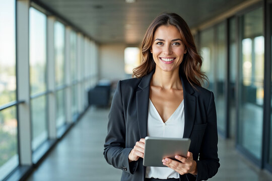 Portrait of young Hispanic professional business woman standing in office. Happy female company executive, smiling businesswoman entrepreneur corporate leader manager looking at camera using tablet