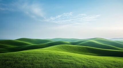 Naklejka premium A tranquil background image of rolling hills covered in green grass, with a soft blue sky above.
