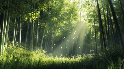 Fototapeta premium A tranquil bamboo forest with sunlight streaming through the tall, slender stalks and a gentle breeze rustling the leaves, creating a calming and serene scene