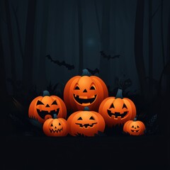 Obraz premium A spooky collection of carved pumpkins in a dark forest, perfect for Halloween-themed designs and decorations.