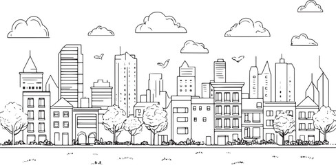 City landscape. Line urban backdrop. Skyline with clouds, different buildings on street, doodle street draw, outline cityscape hand sketch, flat houses. Hand drawn vector illustration	