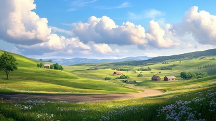 Obraz premium A tranquil pastoral scene with rolling green hills, a winding country road, and scattered farms under a vast, open sky with fluffy clouds.