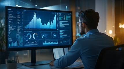 A financial analyst studying market trends on a large screen filled with graphs and data in a modern office