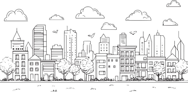 City landscape. Line urban backdrop. Skyline with clouds, different buildings on street, doodle street draw, outline cityscape hand sketch, flat houses. Hand drawn vector illustration	
