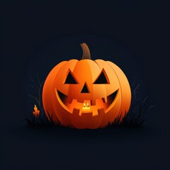 Naklejka premium A vibrant Halloween pumpkin with a mischievous grin, glowing warmly against a dark backdrop, perfect for festive celebrations.
