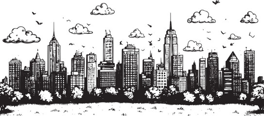 City landscape. Line urban backdrop. Skyline with clouds, different buildings on street, doodle street draw, outline cityscape hand sketch, flat houses. Hand drawn vector illustration	