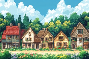 Retro 8-Bit Village Scene with Pixelated Houses and Clear Sky Copy Space