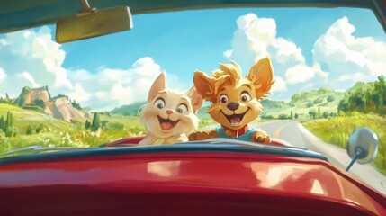 A cartoon dog and cat riding in a car, heads out the window, ears flapping in the wind with a road trip scene in the background.