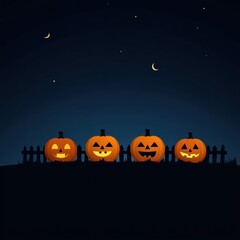 Four glowing pumpkins are lined up against a starry night sky, perfect for Halloween themes and autumn festivities.