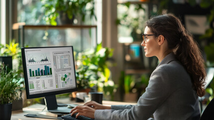 A financial consultant preparing an ESG investing report with detailed charts and graphs in a stylish office environment