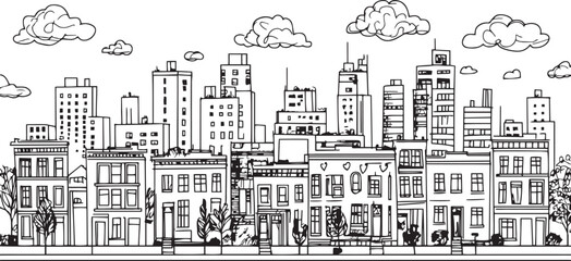 Obraz premium City landscape. Line urban backdrop. Skyline with clouds, different buildings on street, doodle street draw, outline cityscape hand sketch, flat houses. Hand drawn vector illustration 