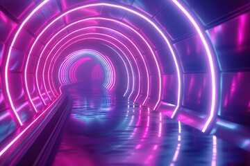 Obraz premium A mesmerizing tunnel adorned with vibrant neon lights reflecting on the wet surface, creating a futuristic ambiance.