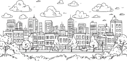City landscape. Line urban backdrop. Skyline with clouds, different buildings on street, doodle street draw, outline cityscape hand sketch, flat houses. Hand drawn vector illustration	
