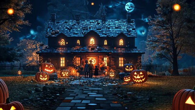 Haunted Halloween Gathering: An eerie Victorian mansion aglow with pumpkin lanterns sets the stage for a spooky Halloween night, as costumed figures gather at the doorway. 