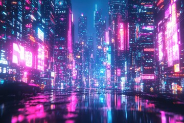 Glitchy Neon Dreams - Retro Cyberpunk Cityscape with Empty Sky for Text Space