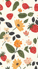 Bright Floral and Strawberry Pattern on Cream Background